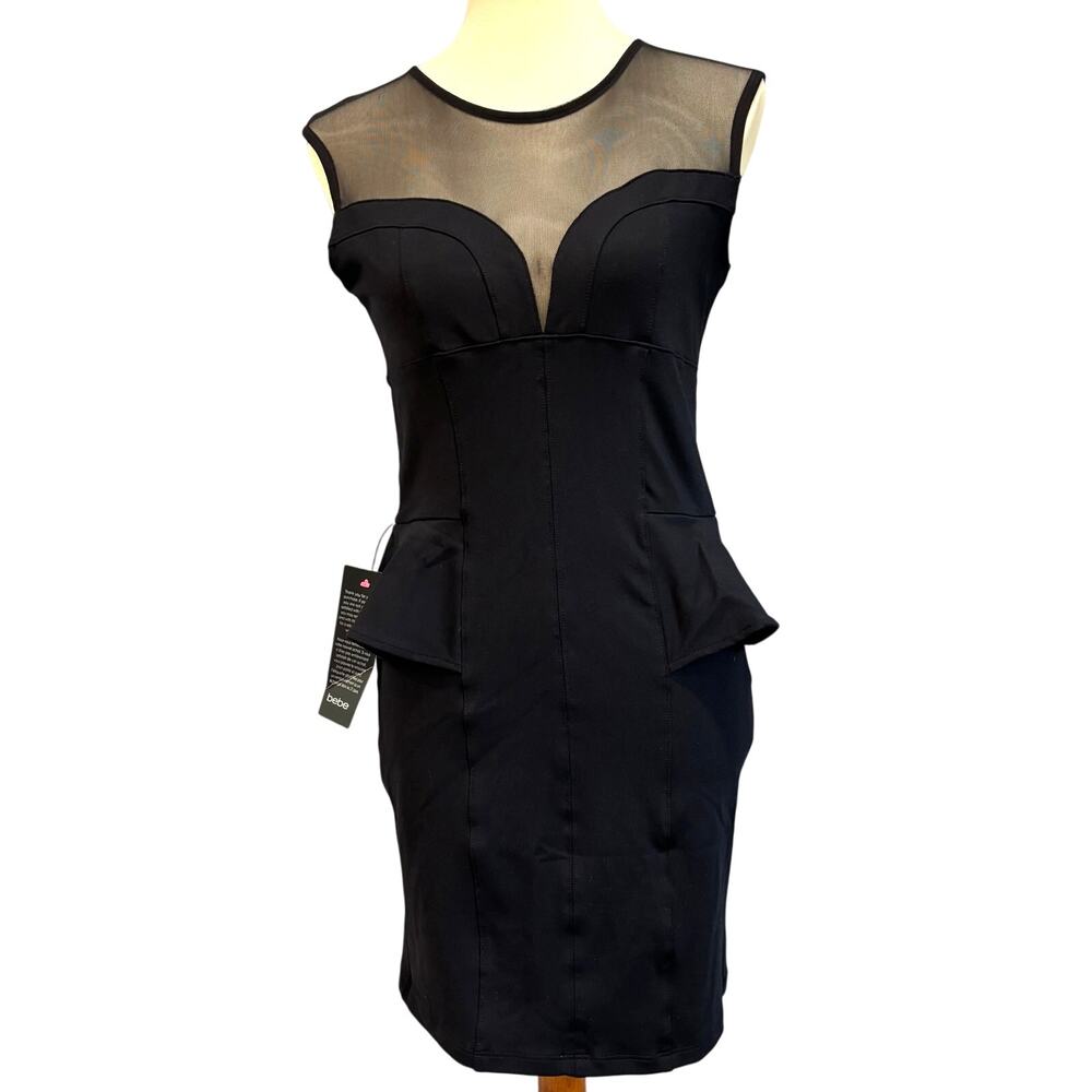 Bebe Vintage Black Mesh Peplum Mini Dress Y2K Indie Sleaze Clubwear Goth LBD L